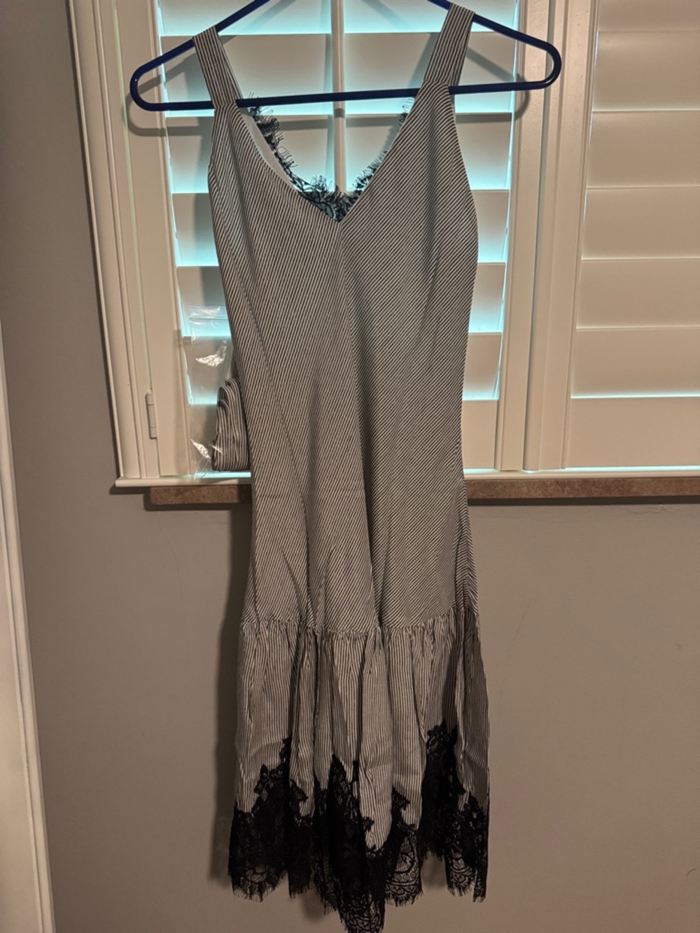 Striped V-Neck Midi Dress with Black Lace Trim - Picture 3 of 3
